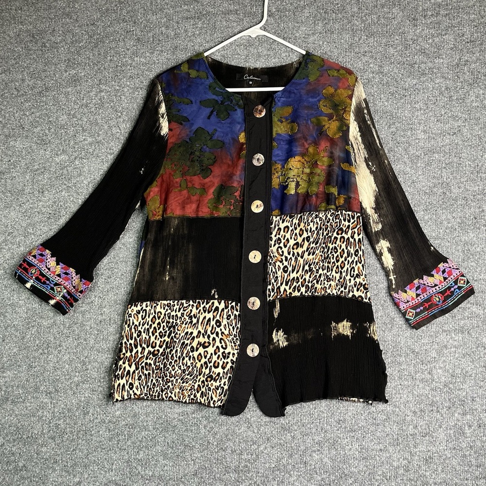 Calessa Top Women‎ Medium Mix Patchwork Button Up Tunic Blouse Boho Art to Wear